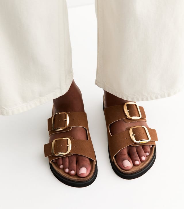 New Look Women's Tan Cork Sole Double Strap Mule Sandals Vegan New Look - 2