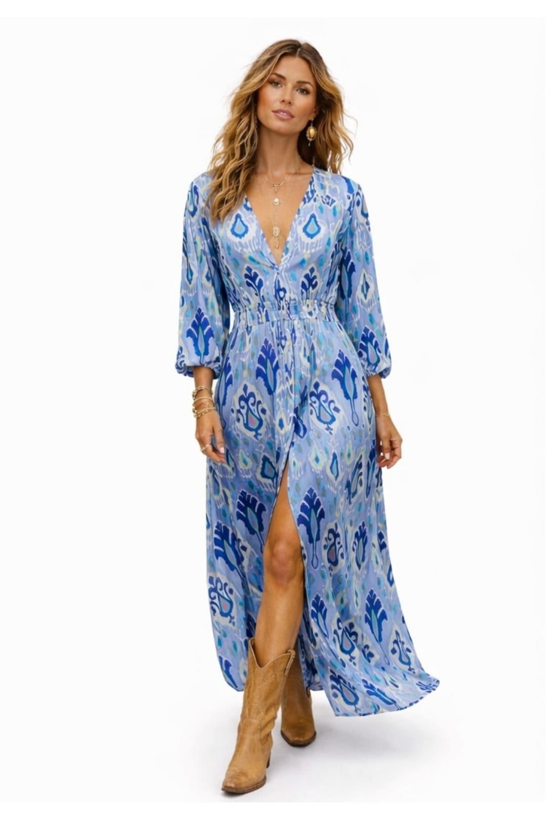 Soul Of Sita Blue Aztec Print Satin Button Through Maxi Dress
