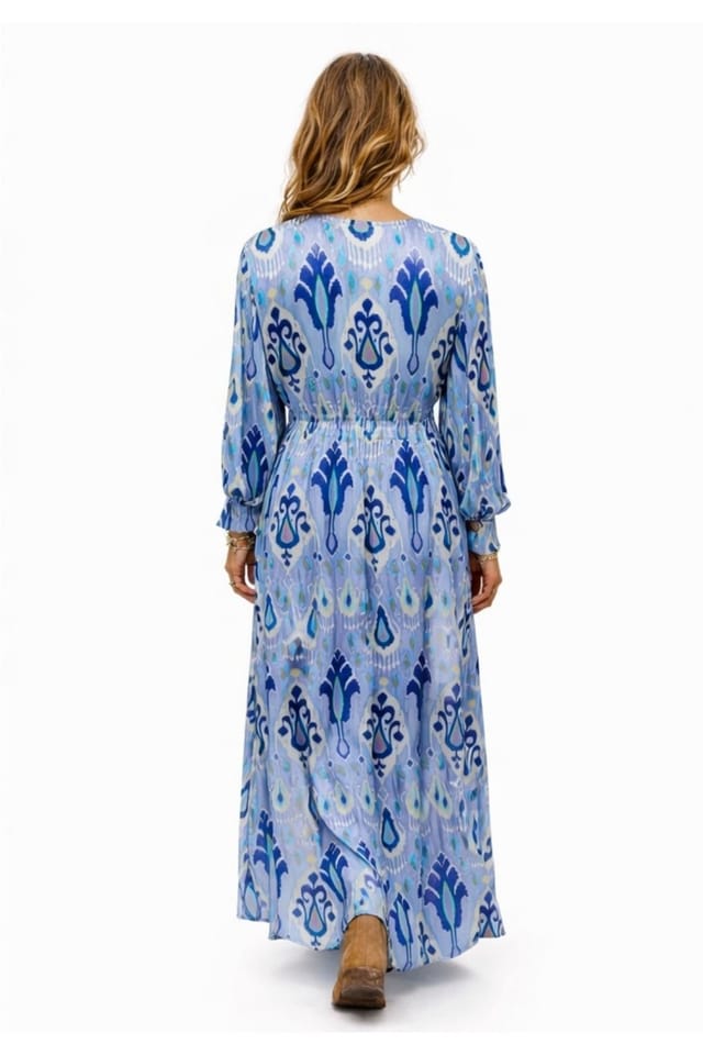 Soul of Sita Soul of Sita Women's Blue Aztec print satin button through maxi dress - 2