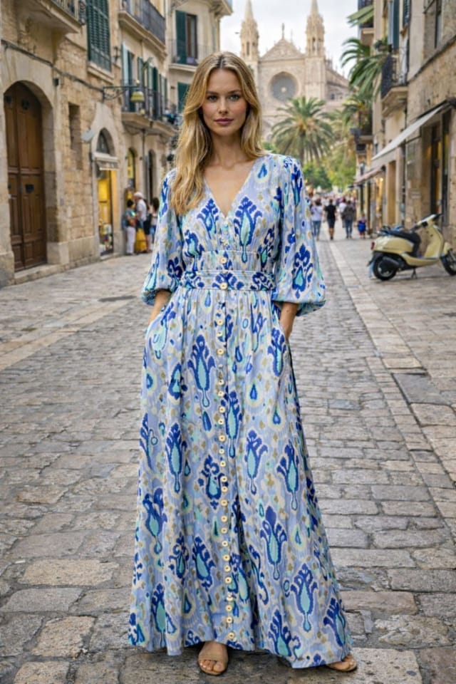 Soul of Sita Soul of Sita Women's Blue Aztec print satin button through maxi dress - 3