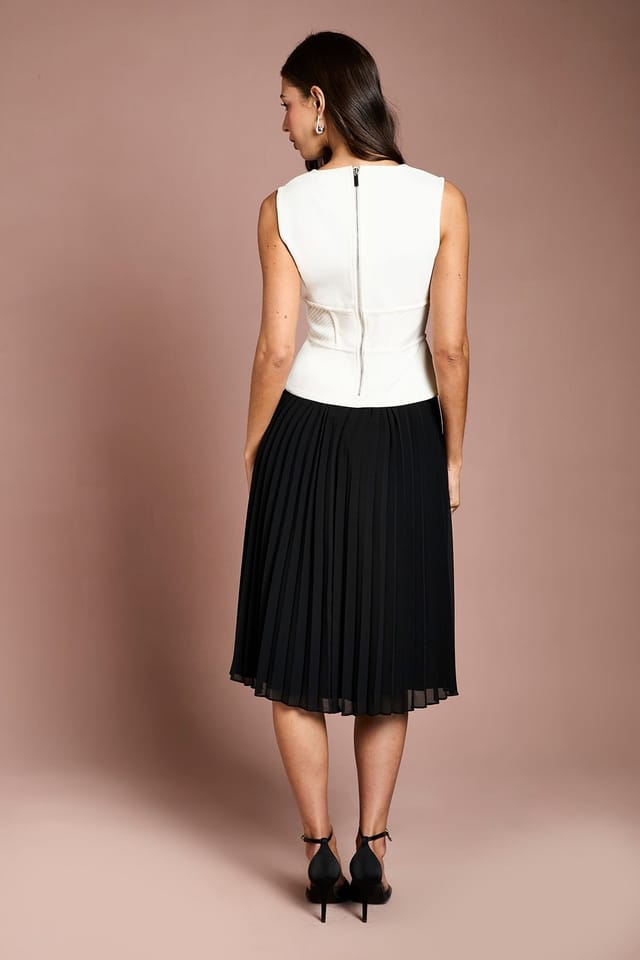 Coast Coast Women's Petite Lisa Tan Bandage Peplum Georgette Pleated Skirt Midi Dress in Mono - 3