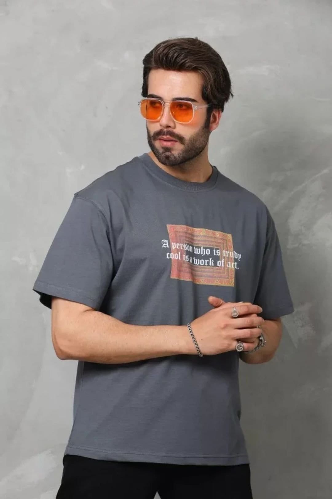 Janes Janes Men's Oversized Crew Neck T-Shirt with Text Print in Dark Grey - 4