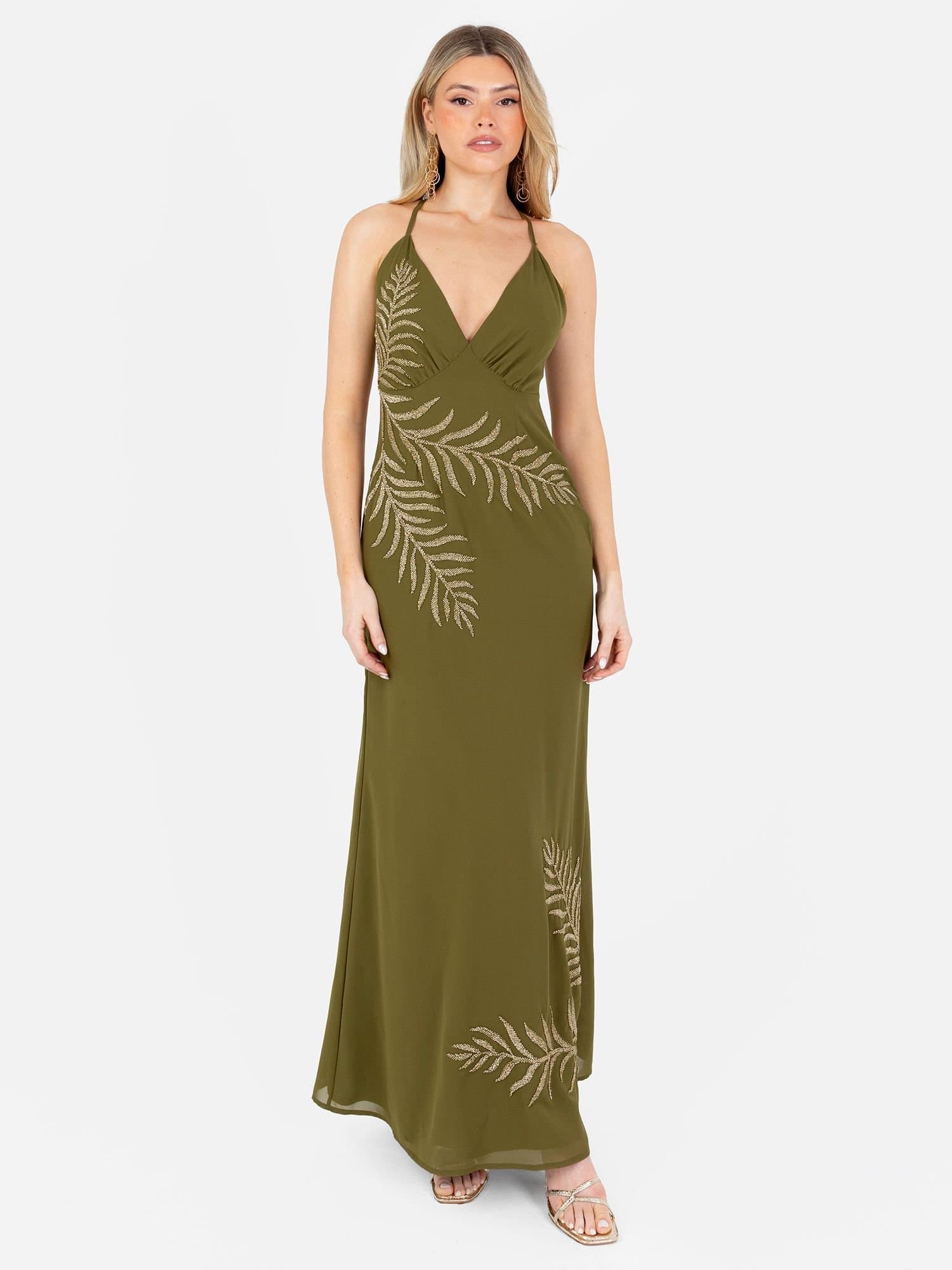 Maya Deluxe Maya Deluxe Women's Embellished Strappy Cross Back Maxi Dress in Green