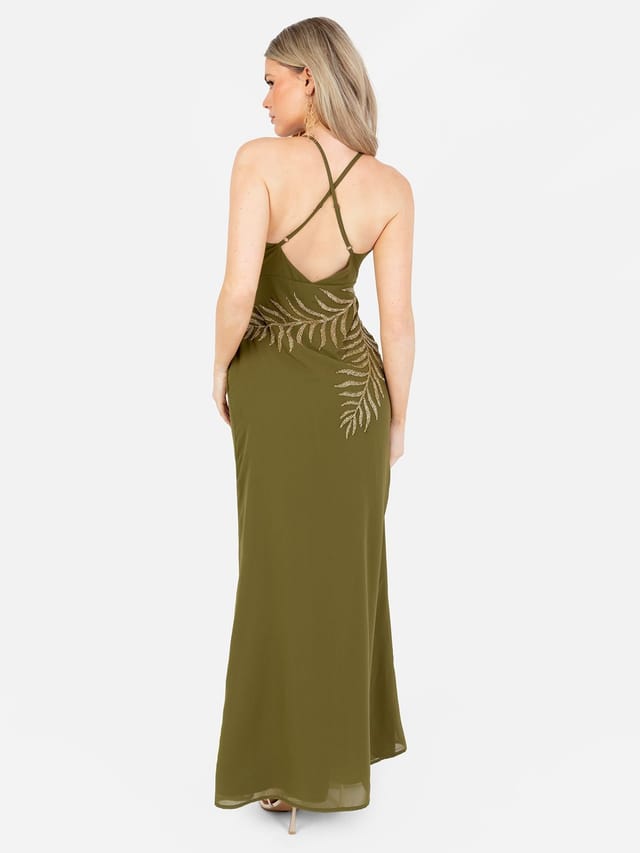 Maya Deluxe Maya Deluxe Women's Embellished Strappy Cross Back Maxi Dress in Green - 3