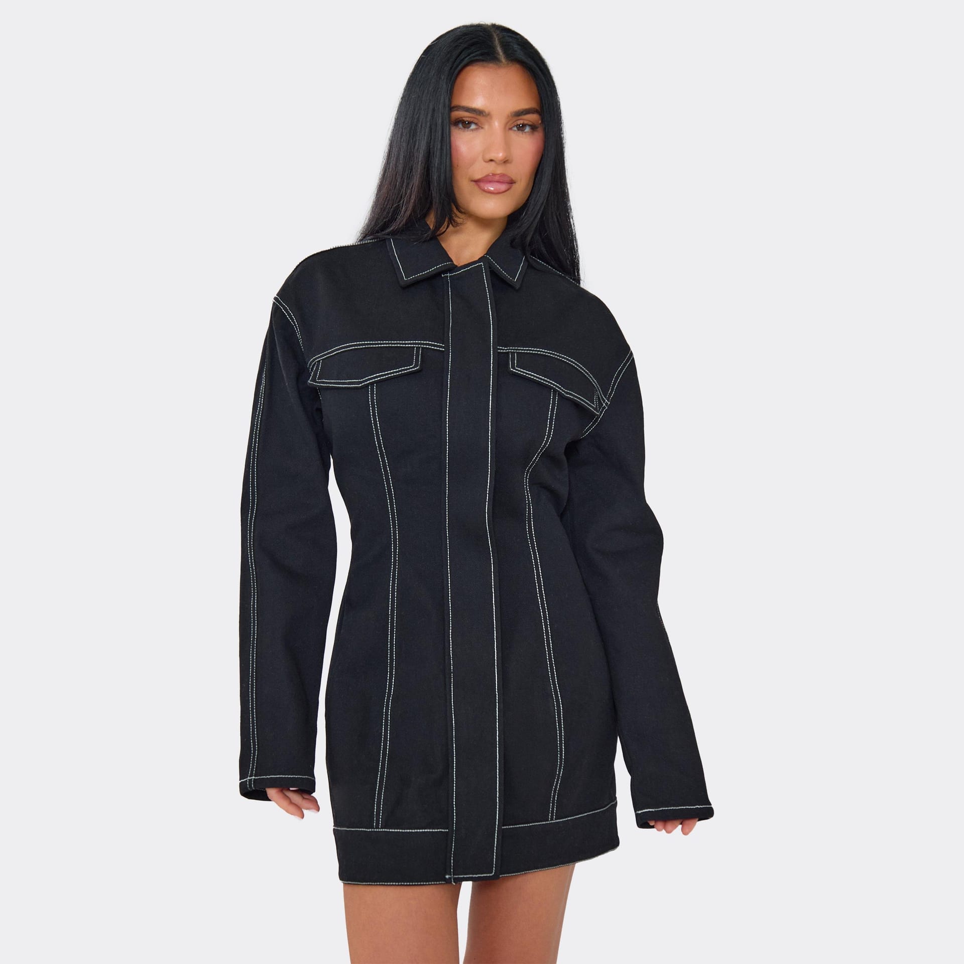 EGO Black Denim Cinch Waist Mini Dress