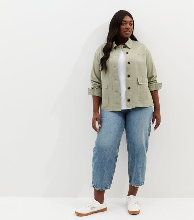 New Look Women's Plus Size Light Khaki Cotton Flap Pocket Shacket Curves New Look - 3