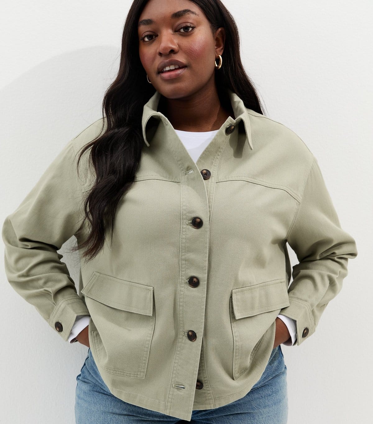 New Look Women's Plus Size Light Khaki Cotton Flap Pocket Shacket Curves New Look - 4