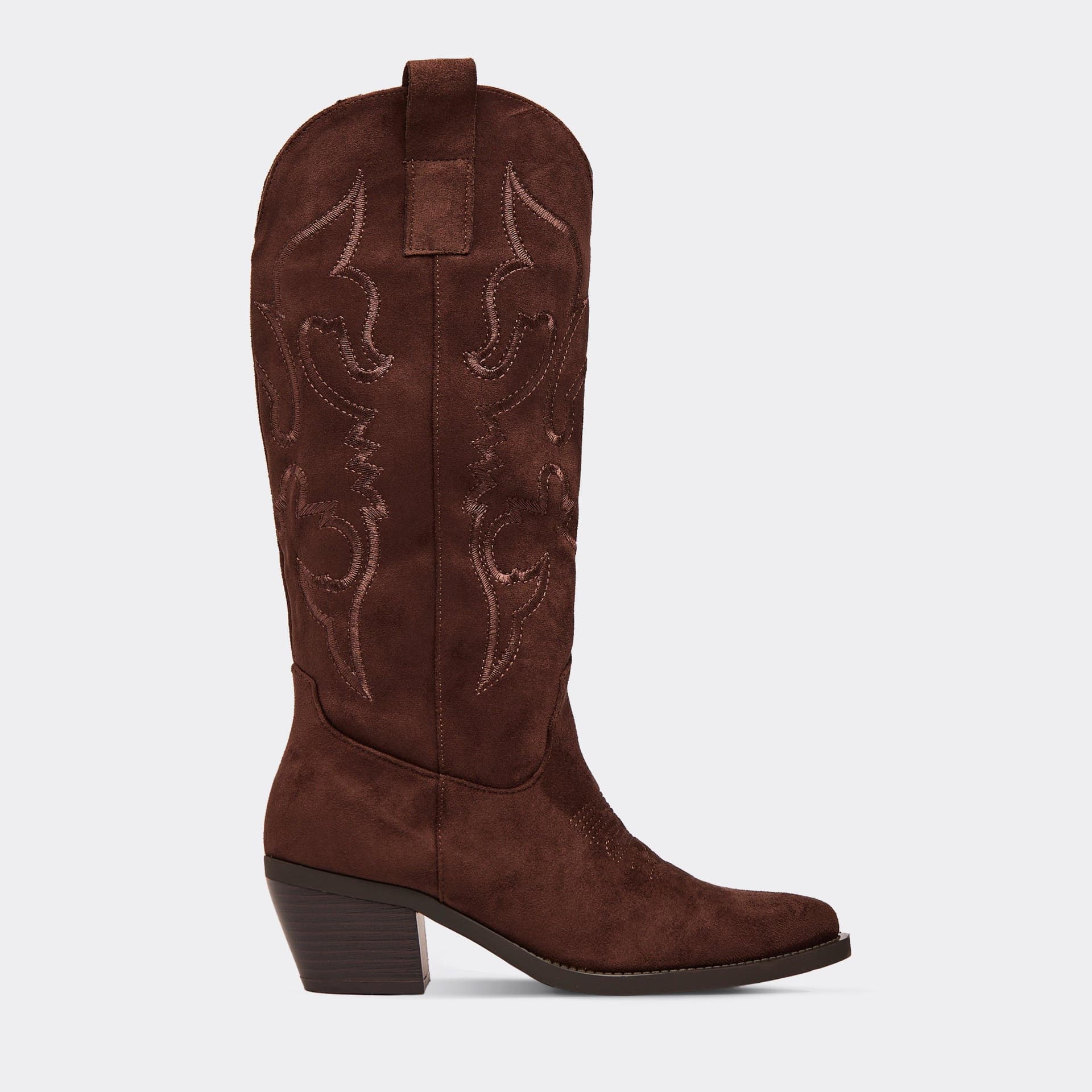 EGO Sweetz Embroidered Detail Knee High Western Cowboy Boot In Mocha Brown Faux Suede, Women's Size UK 3