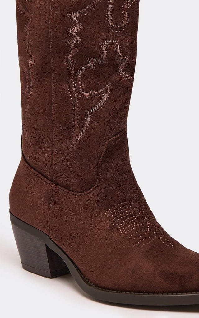 EGO Sweetz Embroidered Detail Knee High Western Cowboy Boot In Mocha Brown Faux Suede, Women's Size UK 3 - 2
