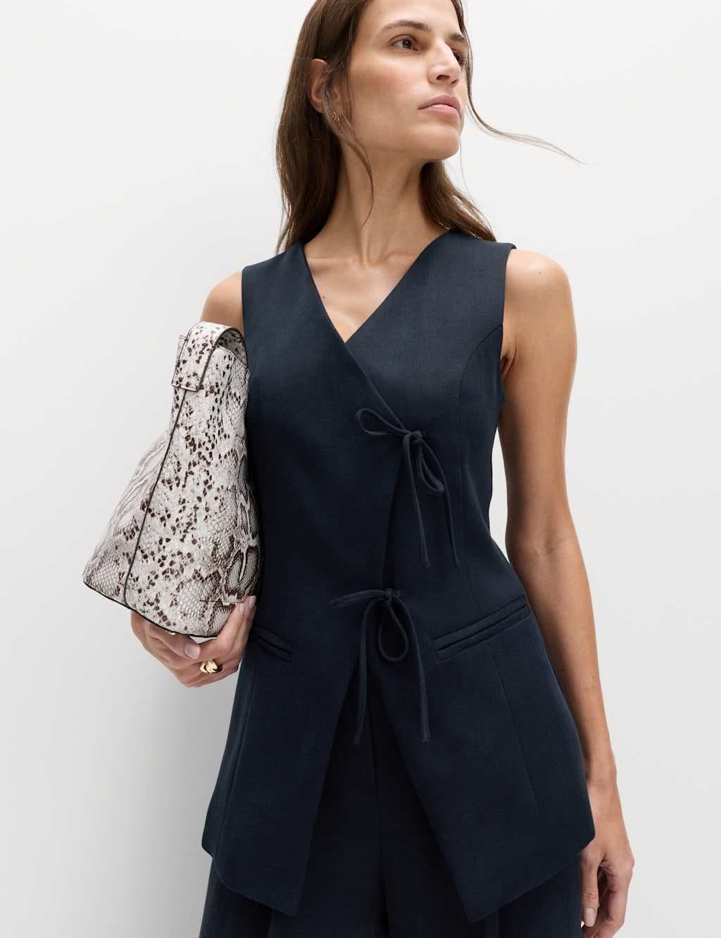 Marks & Spencer M&S V-Neck Tie Front Waistcoat with Linen Midnight Navy