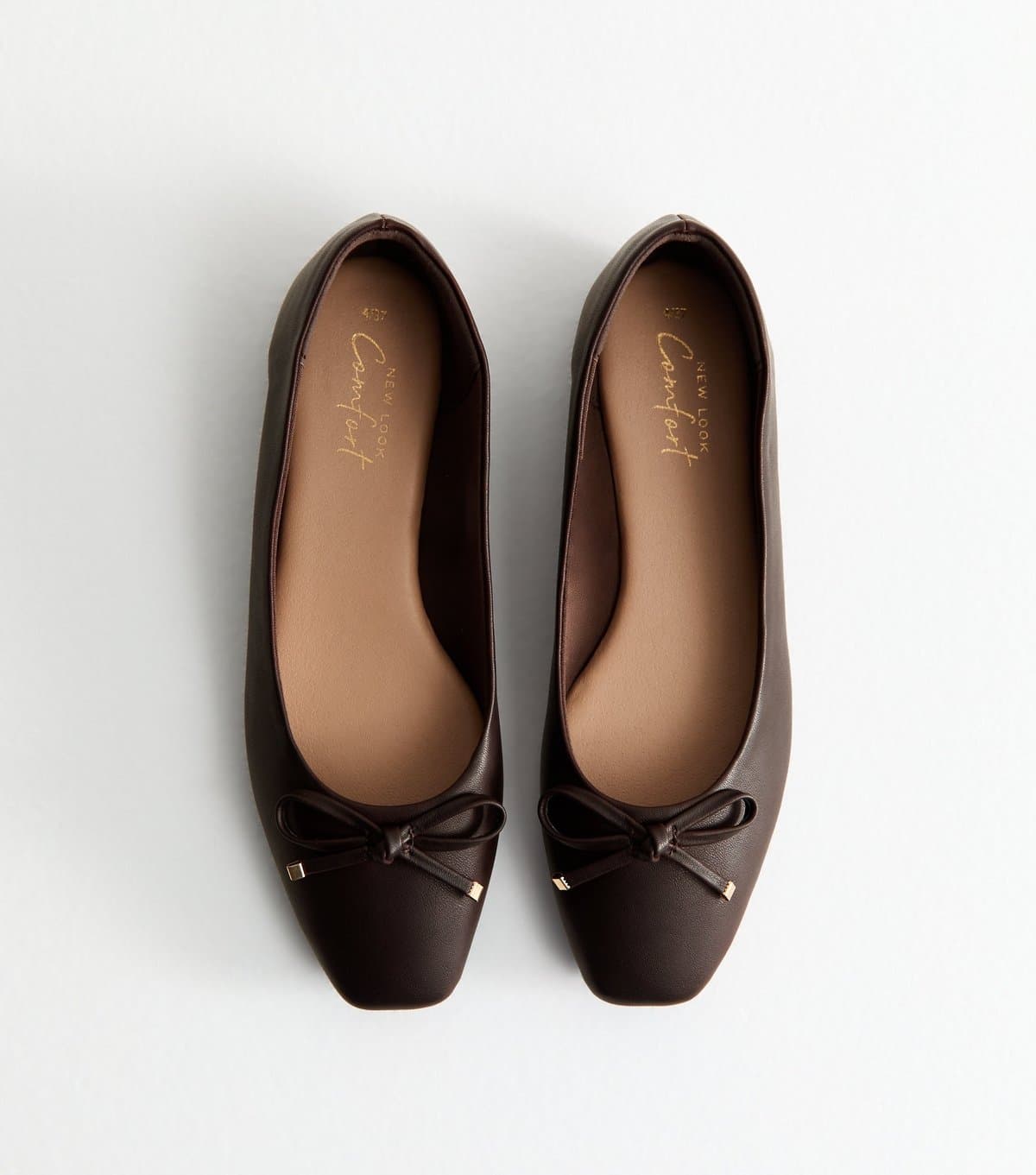 New Look Women's Brown Faux Leather Square Toe Ballerina Flats Vegan New Look