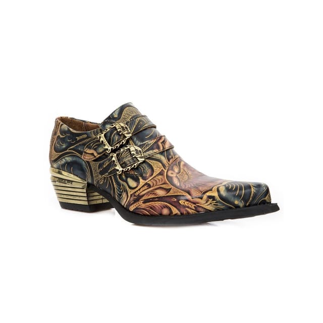 New Rock New Rock Men's Embossed Vintage Leather Buckled Shoes- M-7960-S14 in Black - 2