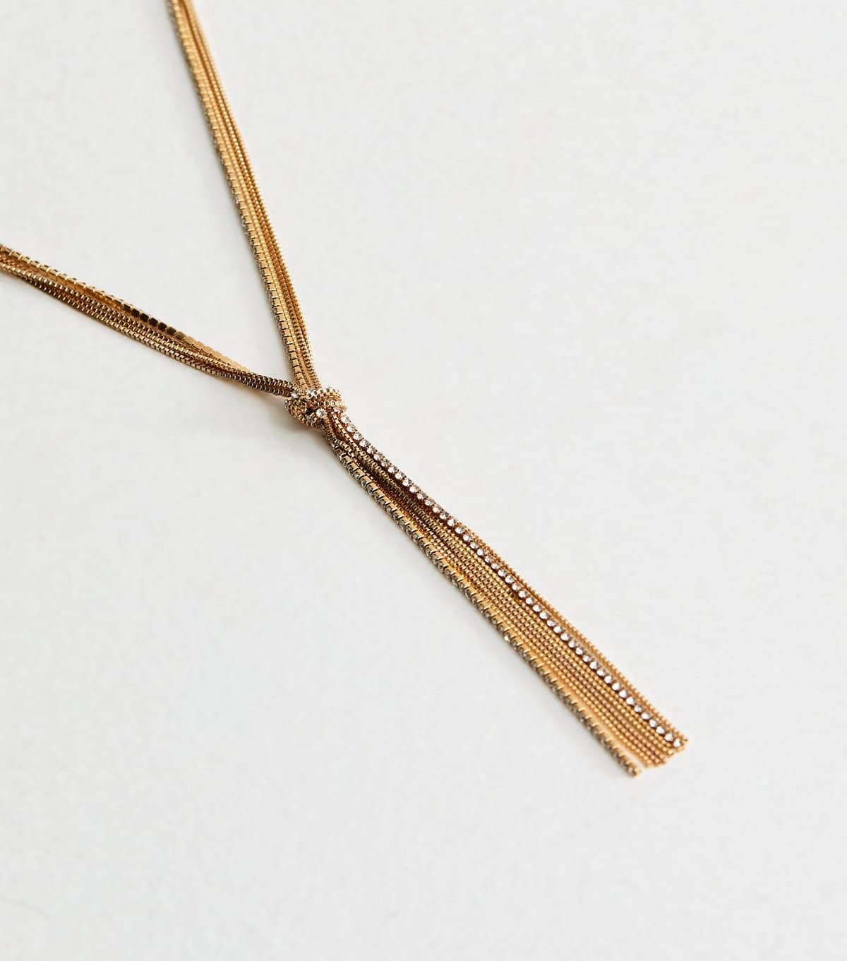 New Look Gold Tone Diamante Chain Knot Tassel Necklace New Look