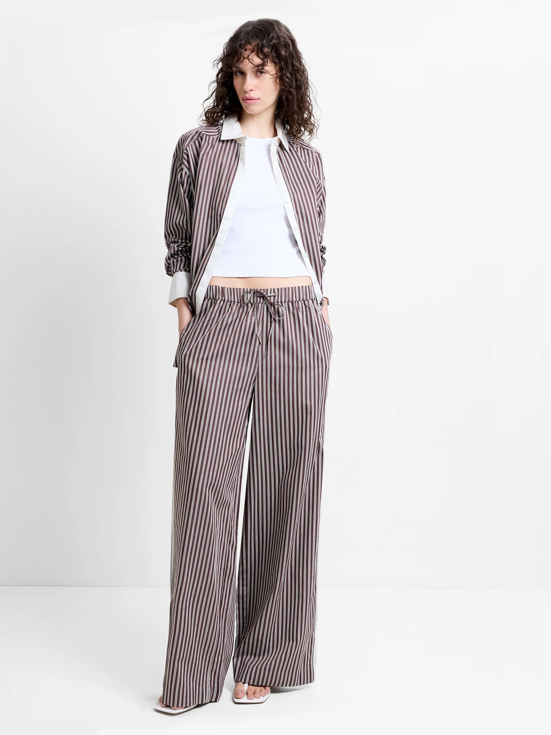 French Connection Alexis Cotton Striped Wide Leg Trousers Brown/Porcelain Cream