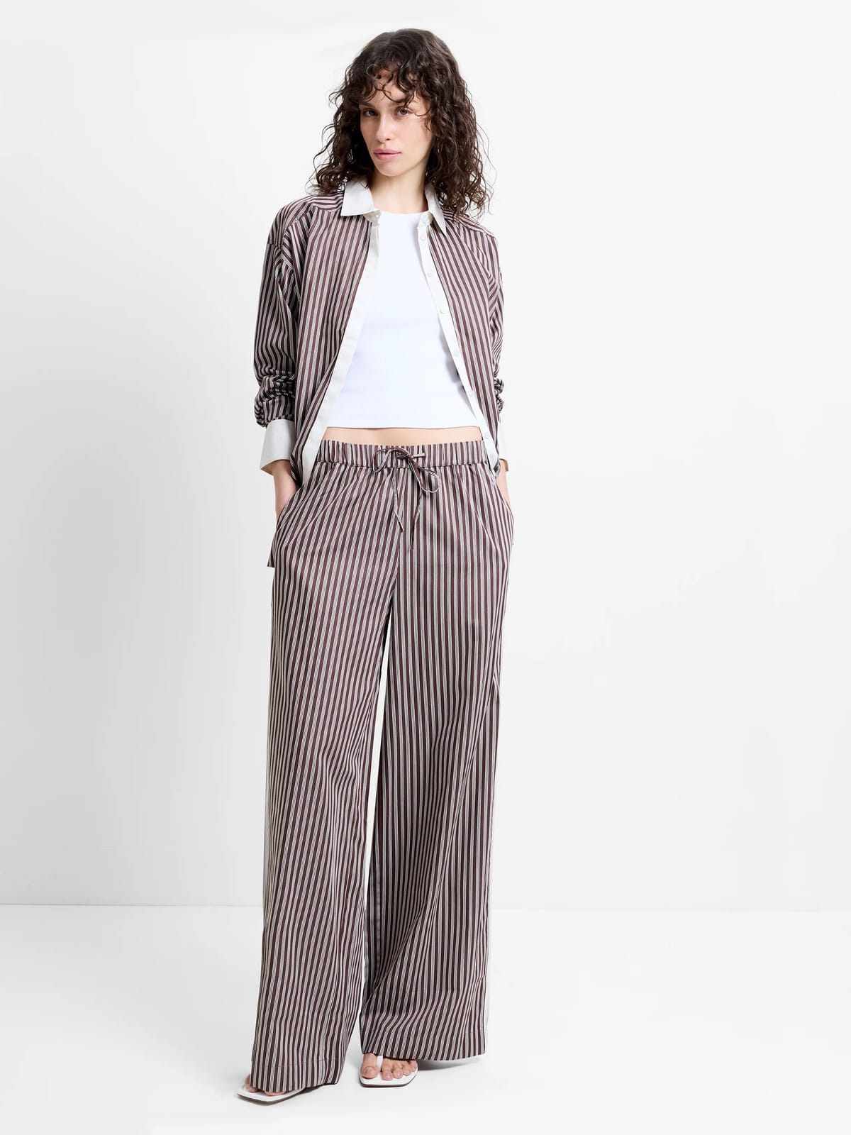 French Connection Alexis Cotton Striped Wide Leg Trousers Brown/Porcelain Cream - 1