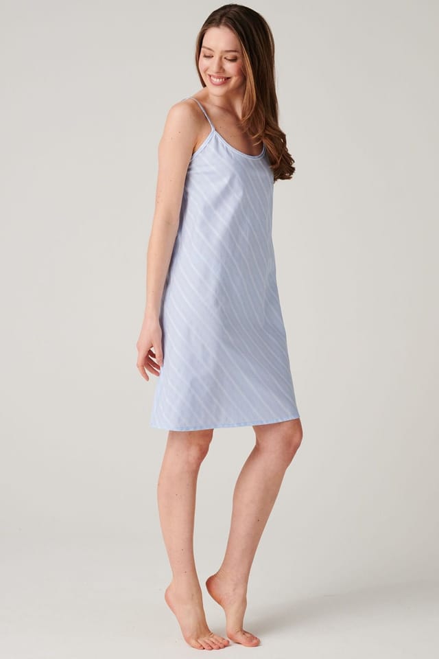British Boxers British Boxers Women's "Breezy Blue Satin Stripe" Crisp Cotton Strappy Nightdress in Baby Blue - 2
