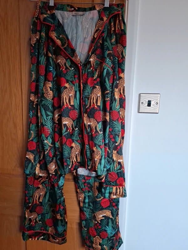 ASOS Satin wild rose leopard pyjama set in forest green cheetah jungle print