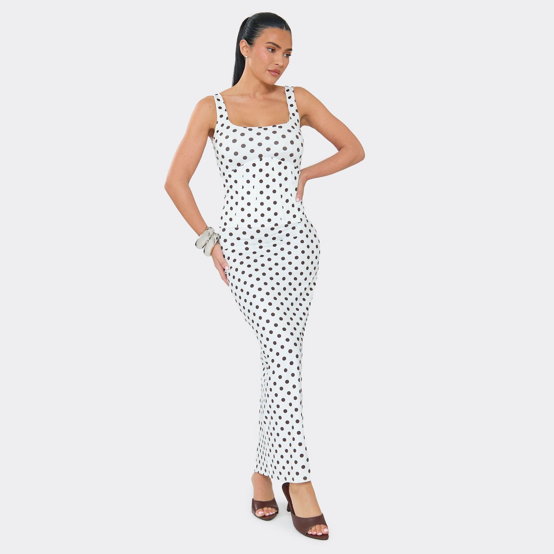 EGO Scoop Neck Corset Detail Maxi Dress In White Polka Dot, Women's Size UK M/L