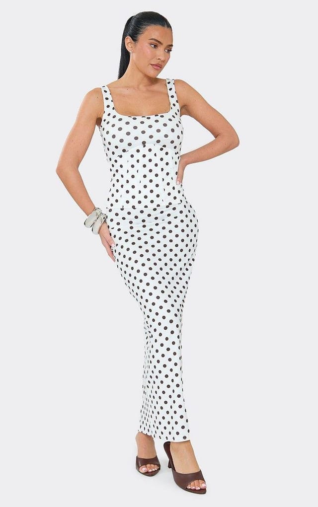 EGO Scoop Neck Corset Detail Maxi Dress In White Polka Dot, Women's Size UK M/L - 2