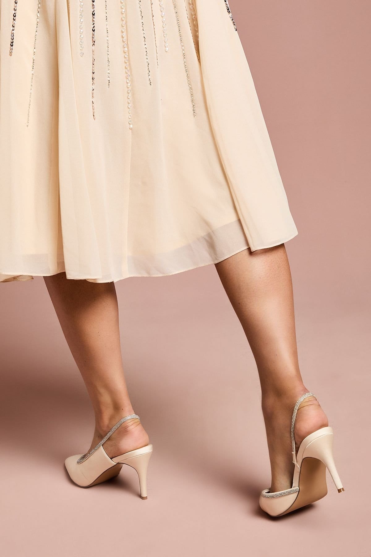 Coast Coast Women's Wide Fit Sabrina Satin Diamante Trim Slingback High Stiletto Court Shoes in Champagne - 4