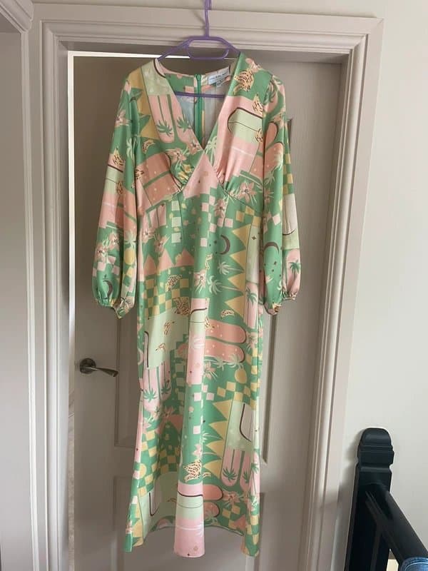 Never Fully Dressed Never Fully Dressed  Angie Satin Maxi Size UK 12 Palms Flowers Bananas Peaches