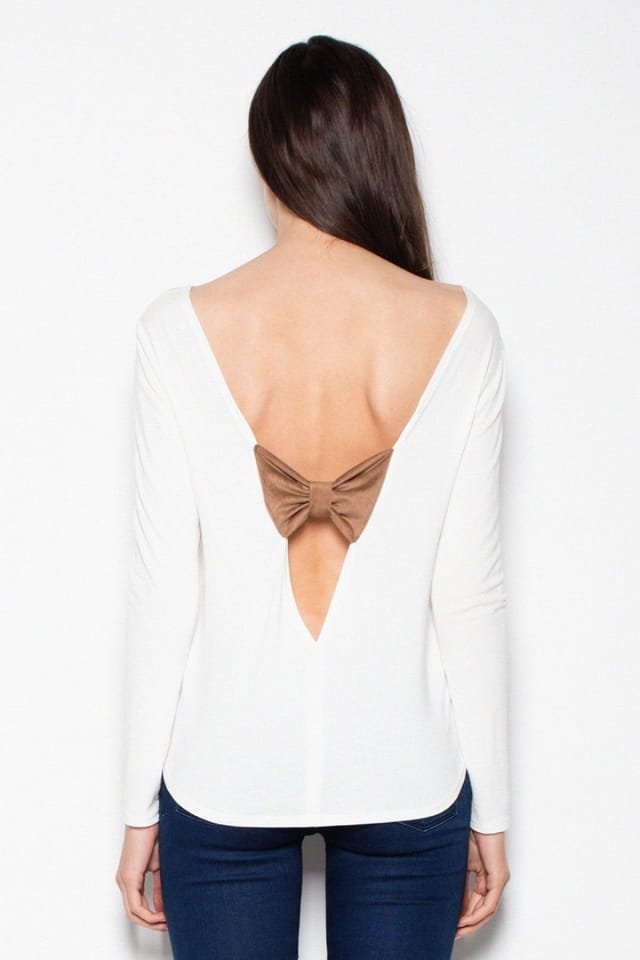 Love Lace Love Lace Women's Back Cutout V Neck Blouse with Suede Bow in White - 2