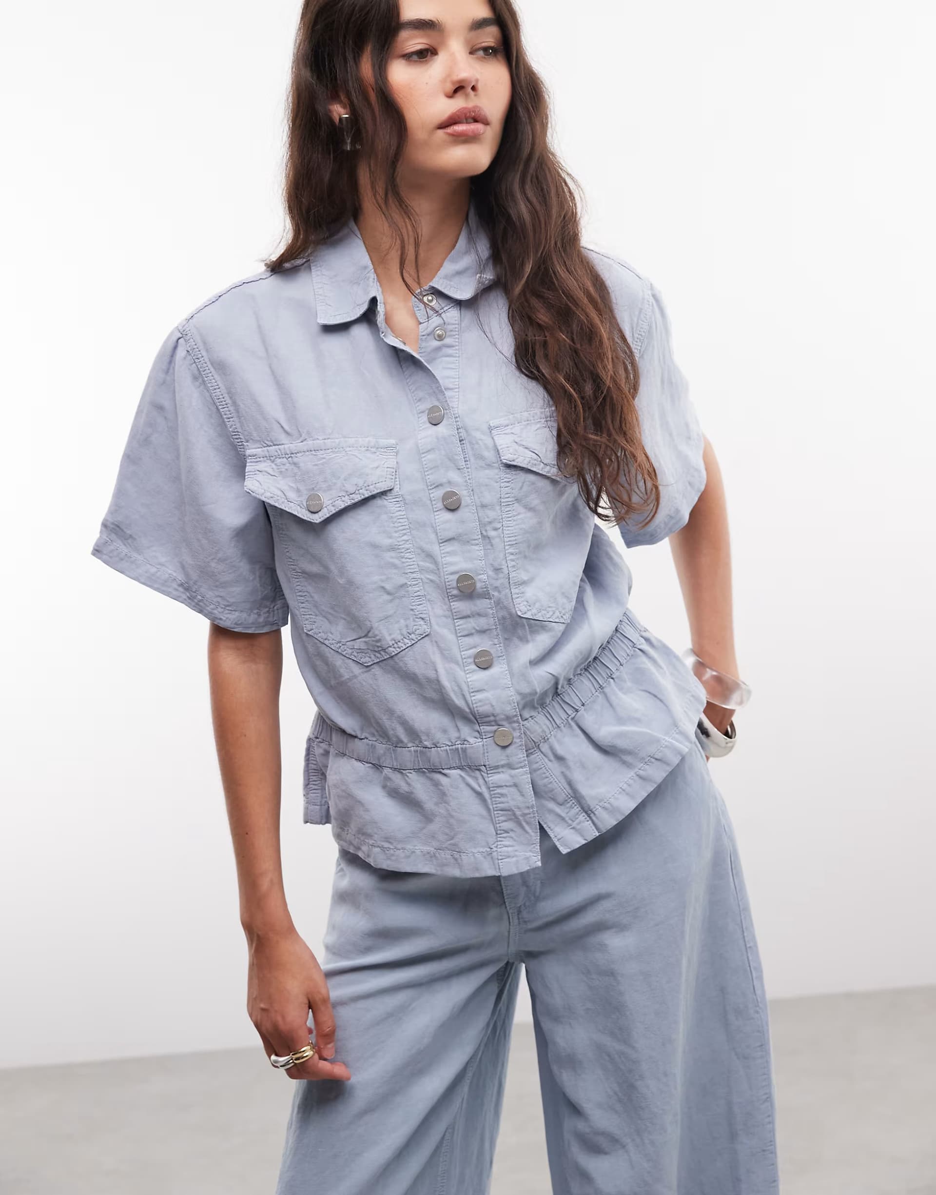 ASOS AllSaints Tove co-ord short sleeve distressed denim shirt in light blue