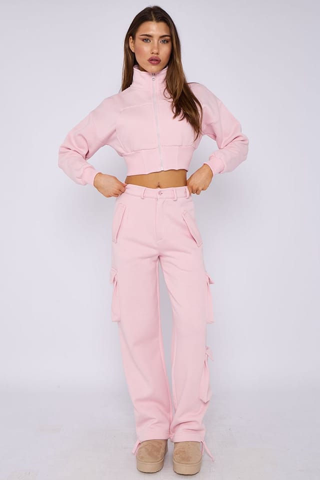 STYLEWISE STYLEWISE Women's Cropped Zip Sweatshirt & Cargo Trouser Tracksuit Co-ord in Pink - 2