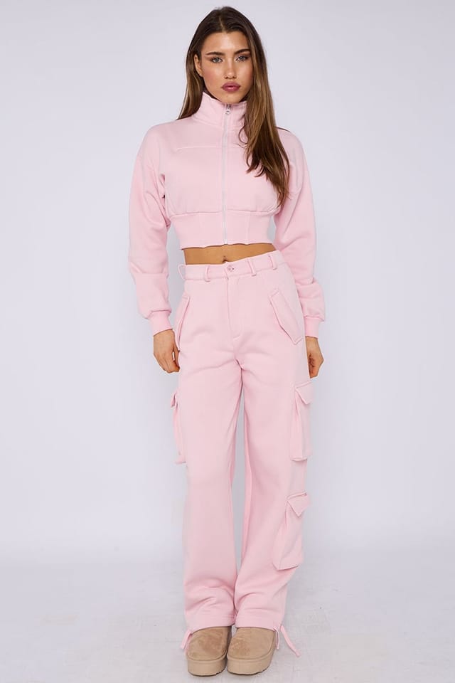 STYLEWISE STYLEWISE Women's Cropped Zip Sweatshirt & Cargo Trouser Tracksuit Co-ord in Pink - 3