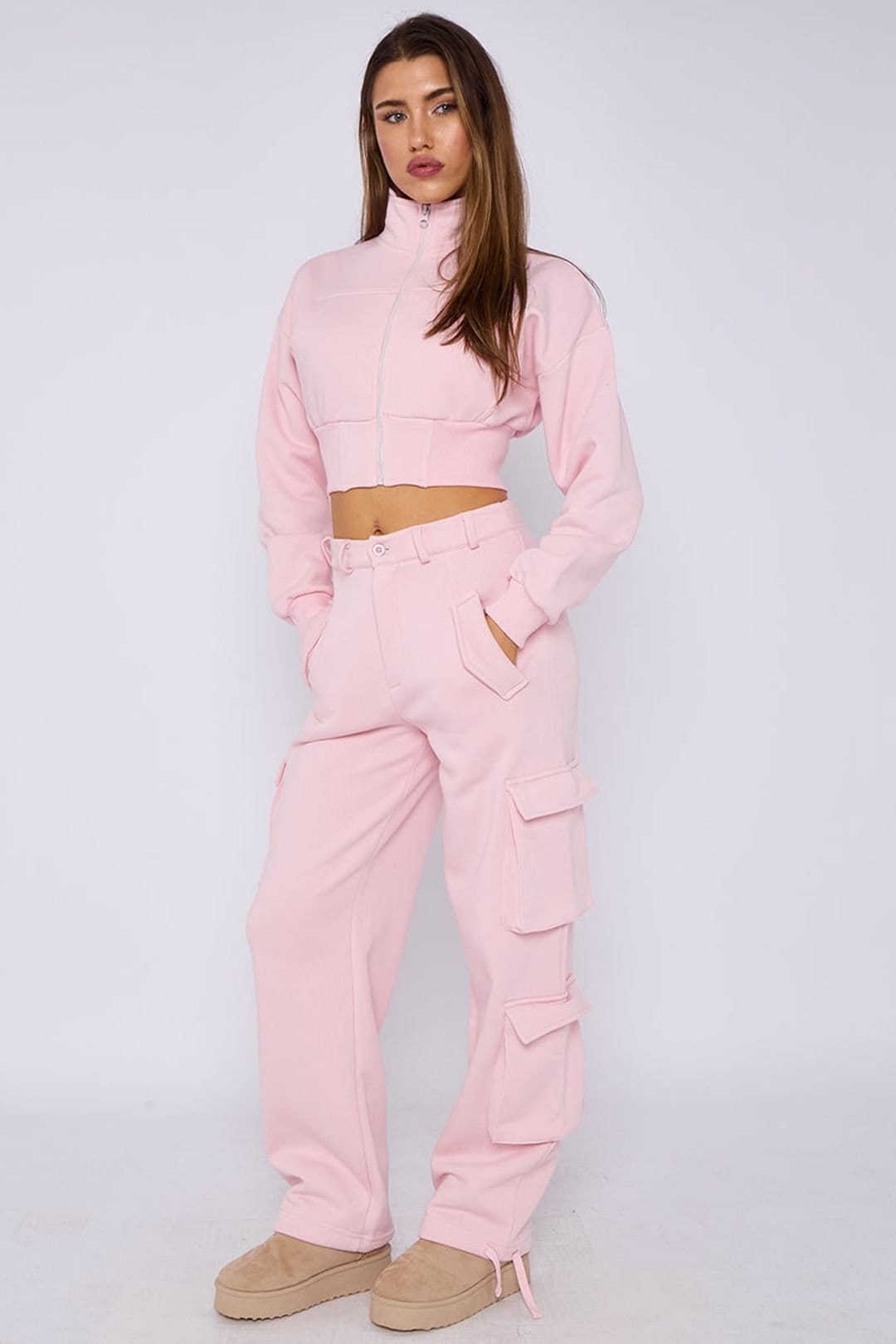 STYLEWISE STYLEWISE Women's Cropped Zip Sweatshirt & Cargo Trouser Tracksuit Co-ord in Pink - 4