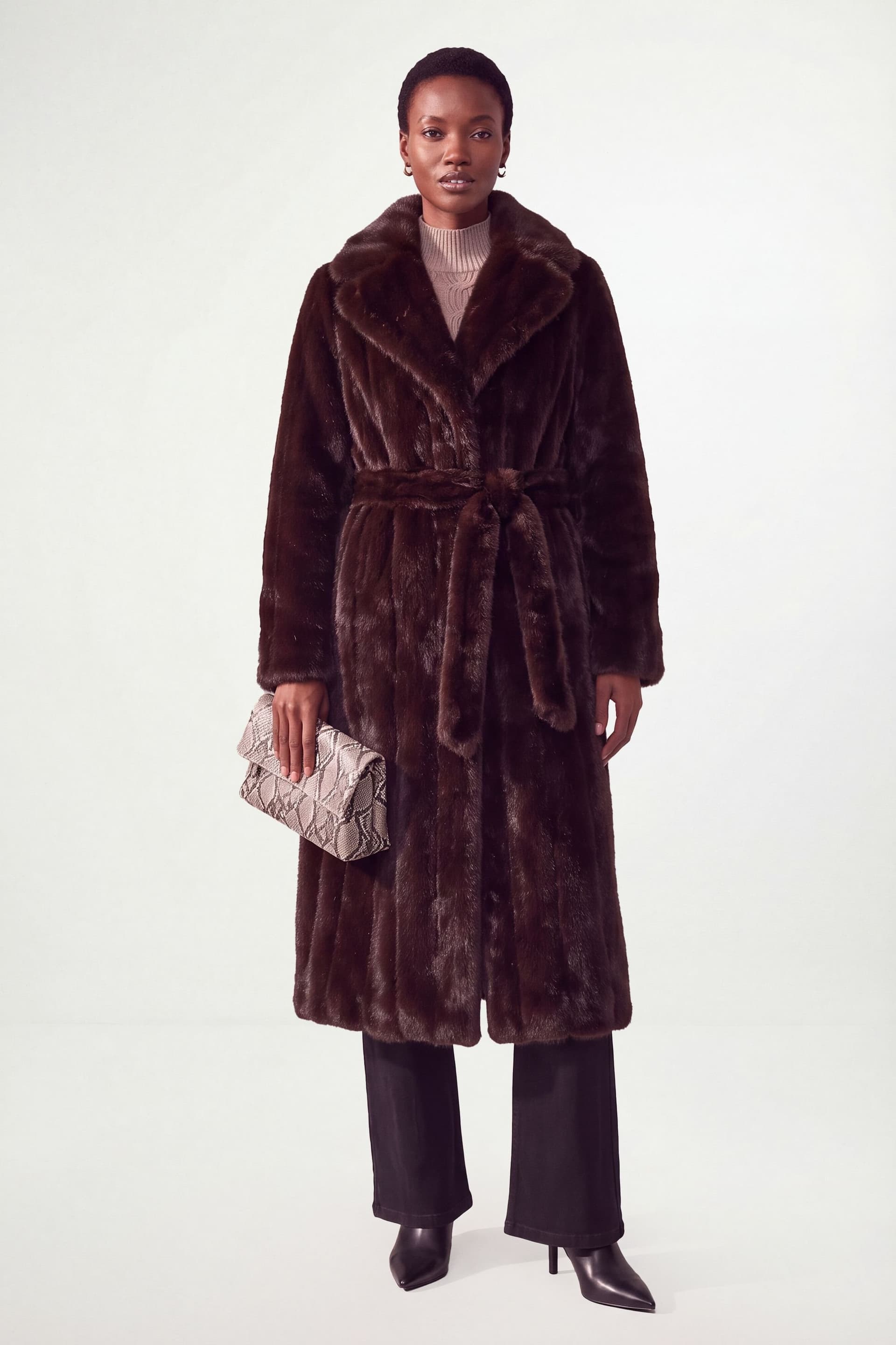 Wallis Wallis Women's Premium Faux Fur Maxi Belted Trench Coat in Chocolate