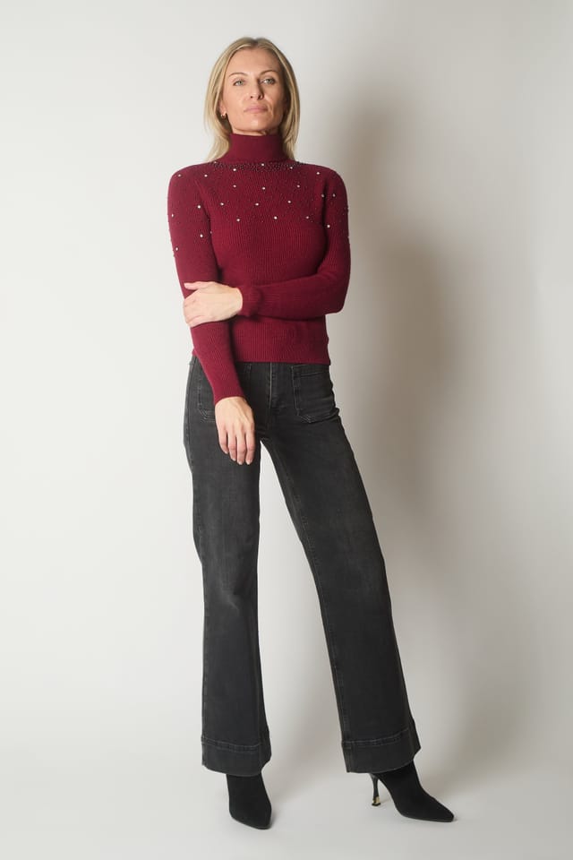 SOLO SOLO Women's Embellished Roll Neck Jumper in Wine - 2