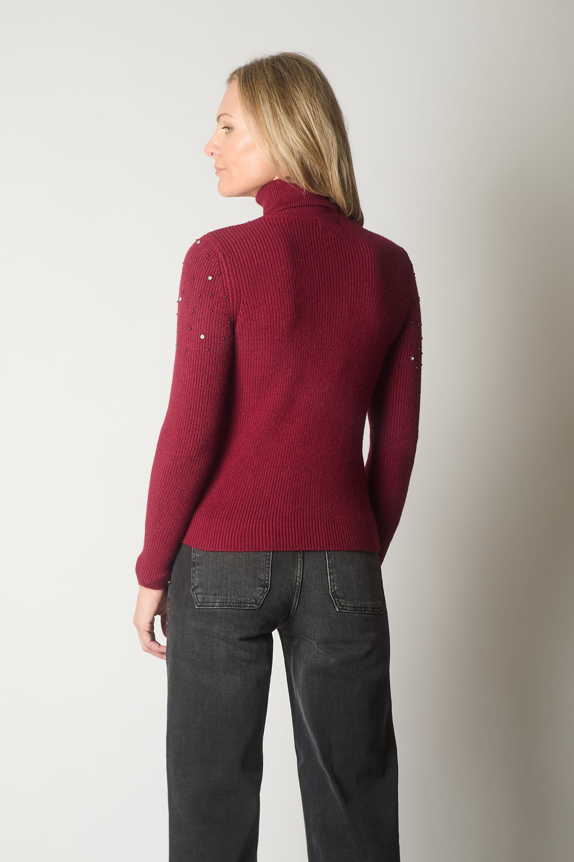 SOLO SOLO Women's Embellished Roll Neck Jumper in Wine - 4