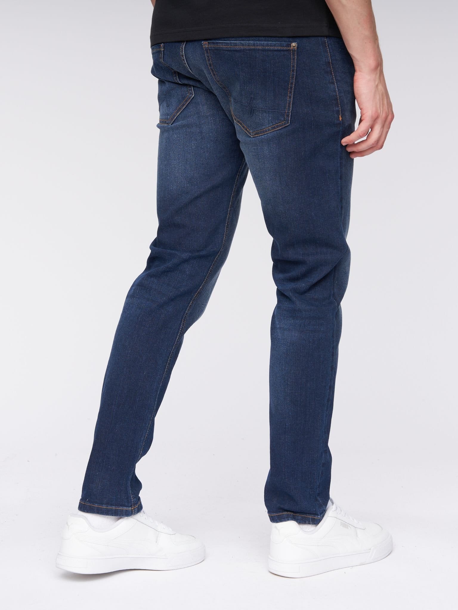 Henleys Henleys Mayhen Men's Skinny-Fit Stretch Denim Jeans with Signature Rubber Label Detail in Dark Blue - 4