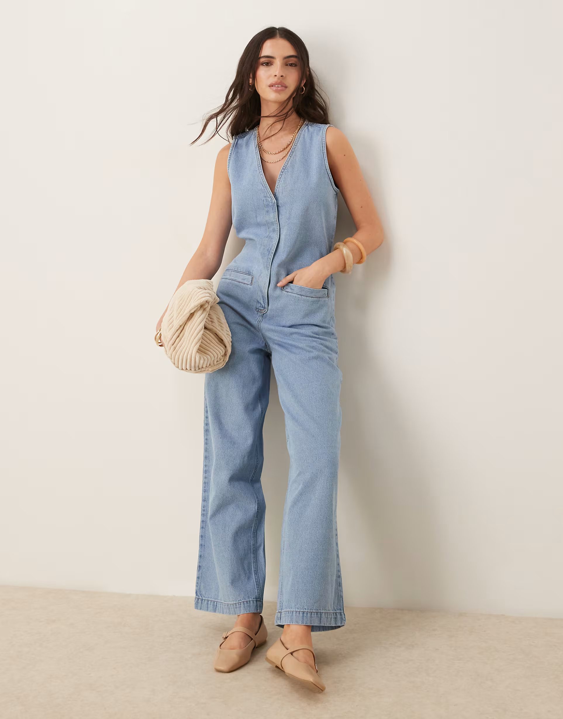 ASOS ASOS DESIGN denim sleeveless jumpsuit with tie back in lightwash blue - 1