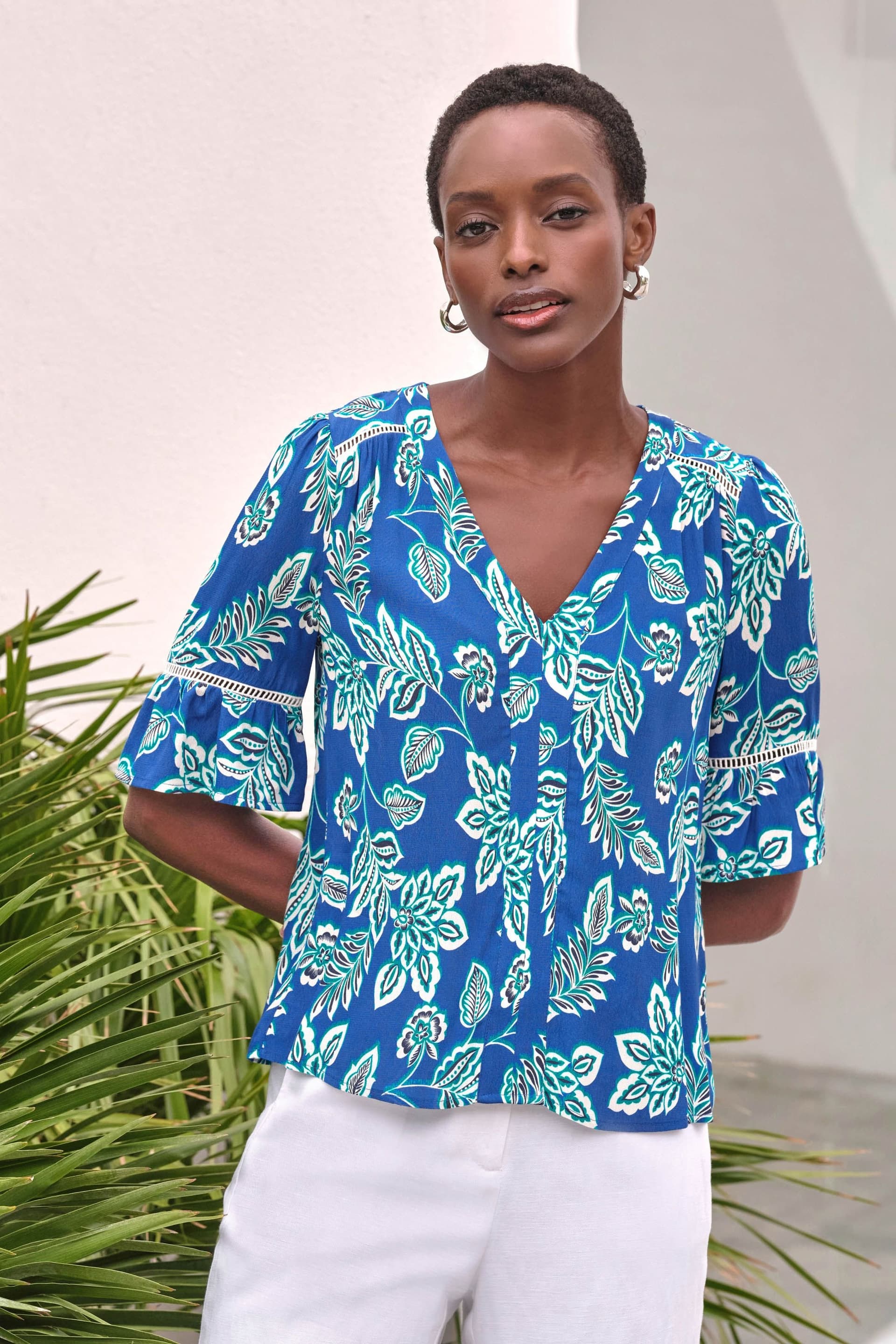 Pure Collection Pure Collection Women's Fluted Sleeve Blouse in Blue