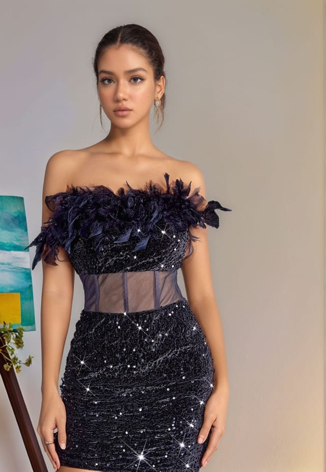 Divine Grace Divine Grace Women's Black Feather Mesh Mini Dress in Navy - 3