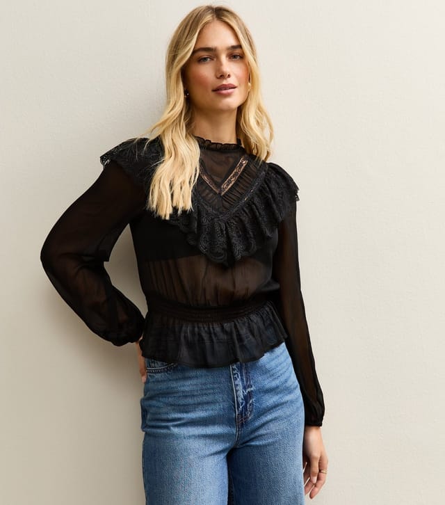 New Look Women's Black Lani Lace Insert Chiffon High Neck Blouse New Look - 2