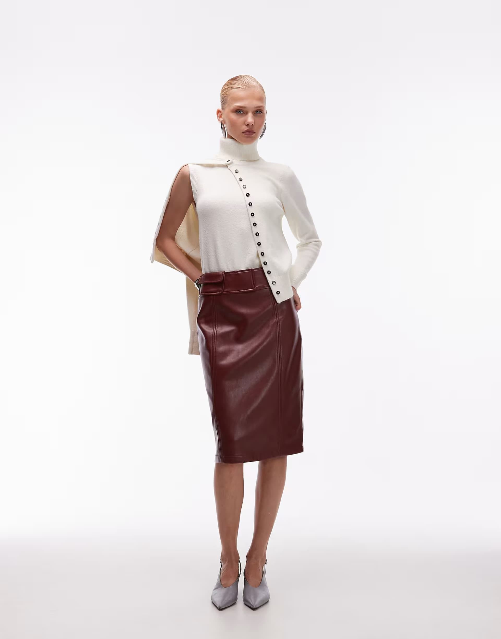 ASOS ASOS Faux Leather Midi Skirt with Pocket Detail in Burgundy