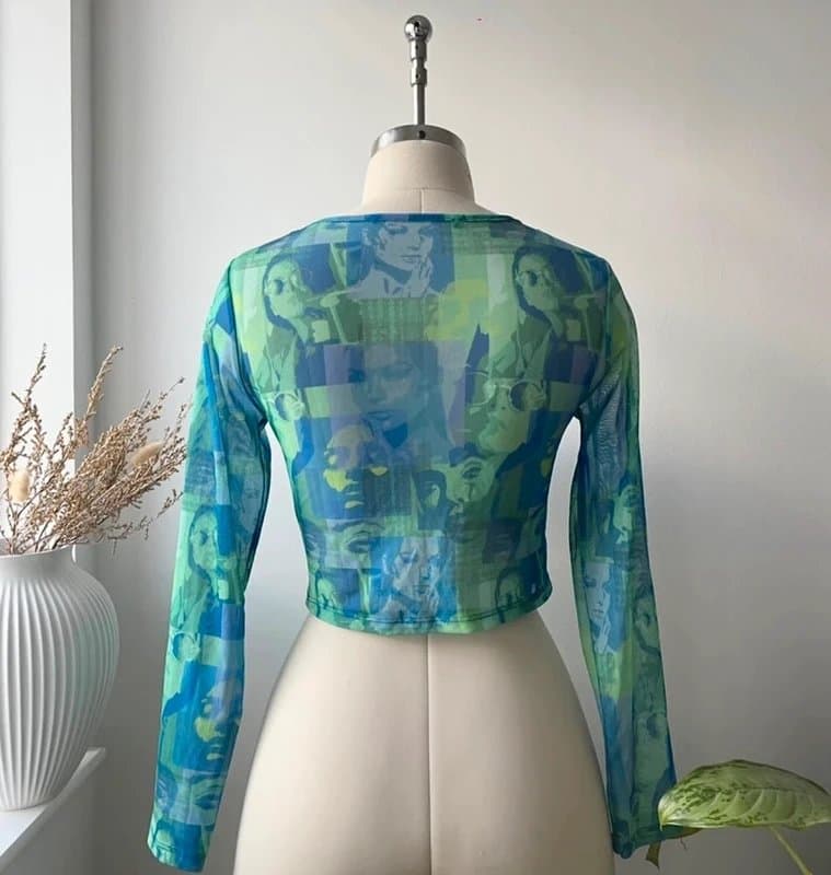 Summer Blue and green graphic print cut out mesh top