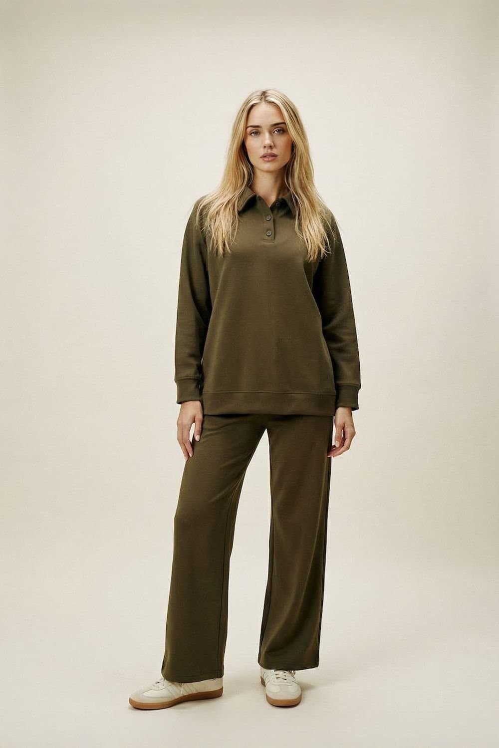 The Night Store The Night Store Olive Button Collar Lounge Trouser Set