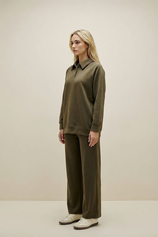 The Night Store The Night Store Women's Olive Button Collar Lounge Trouser Set - 2