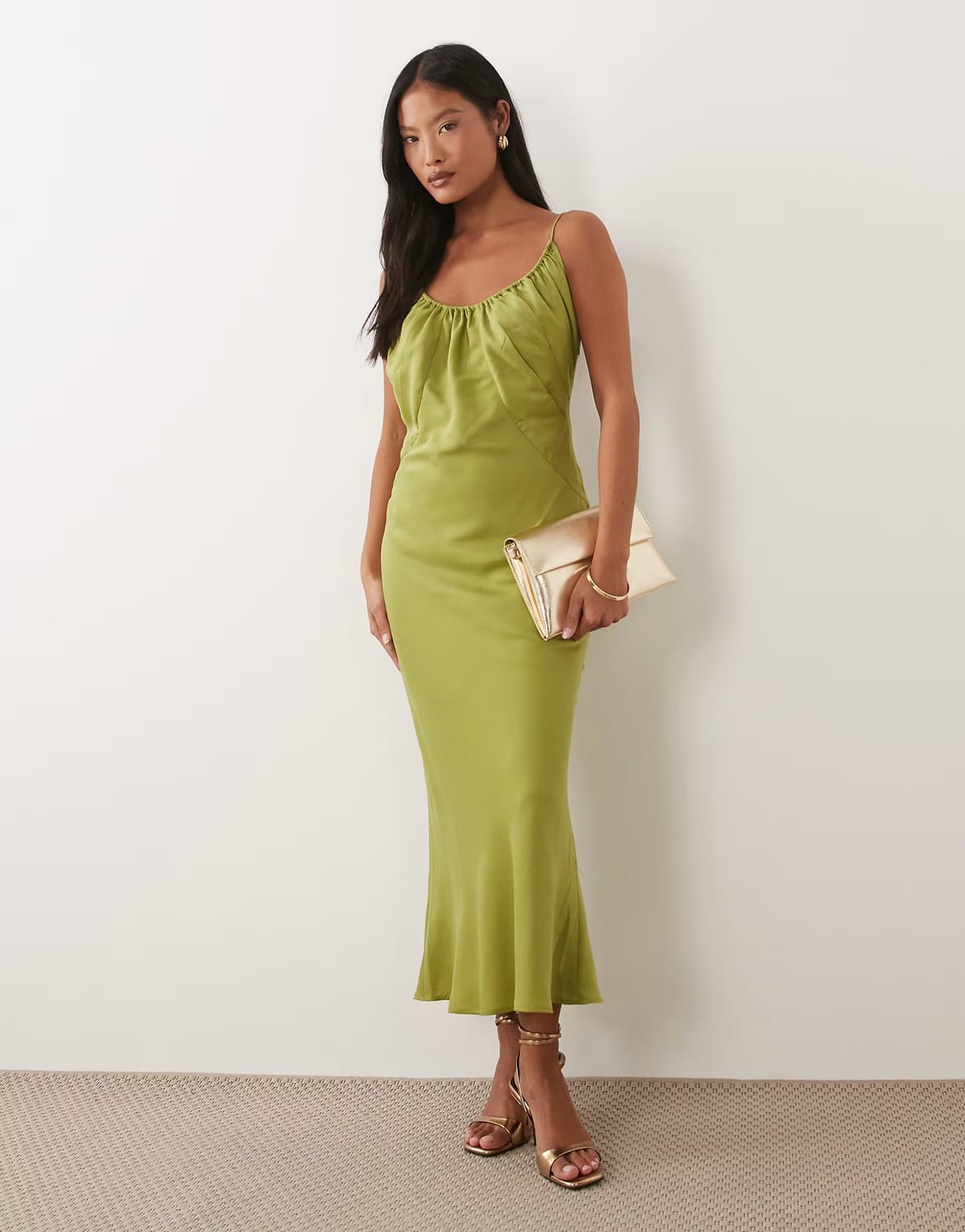 ASOS ASOS DESIGN Petite scoop neck bias cut midaxi dress in olive green - 1