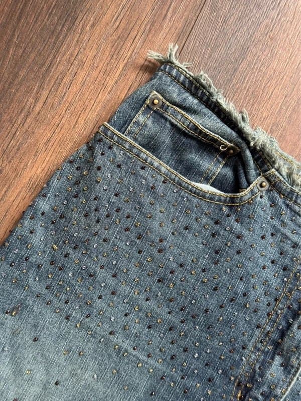 Vintage Dressing Vintage Y2K beaded embellished denim midi skirt low rise raw waist - UK 10