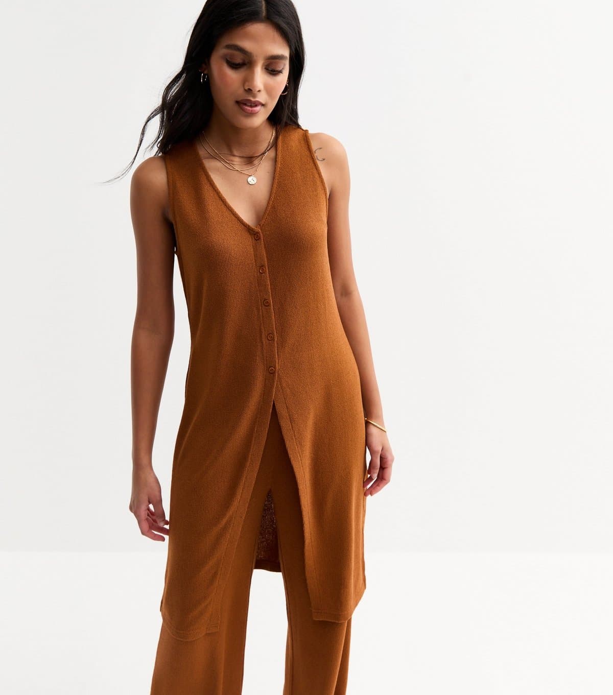 New Look New Look Tan Textured Ribbed Waistcoat