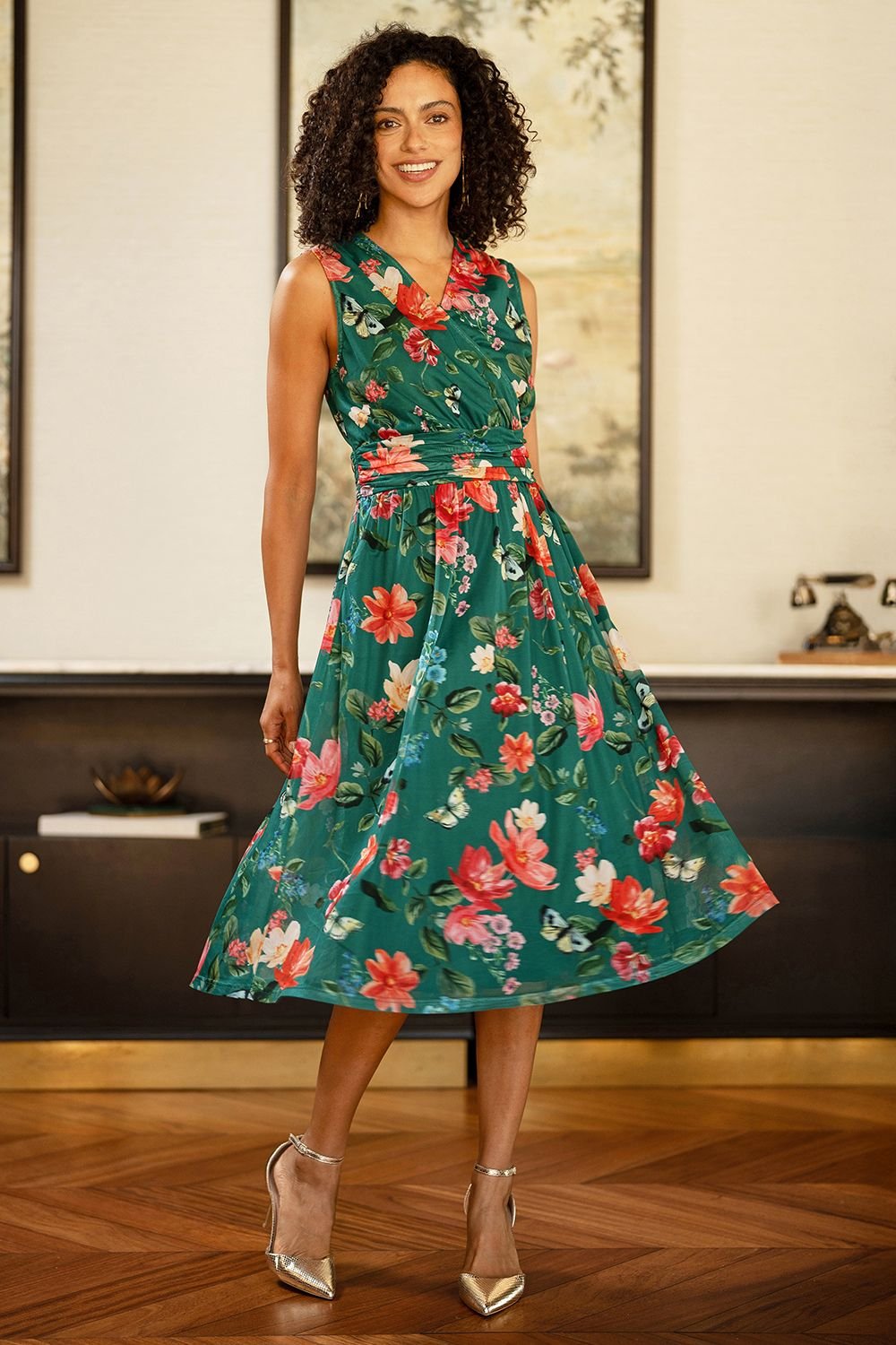 Yumi Yumi Women's Blurred Floral Mesh Wrap Midi Dress in Green - 3