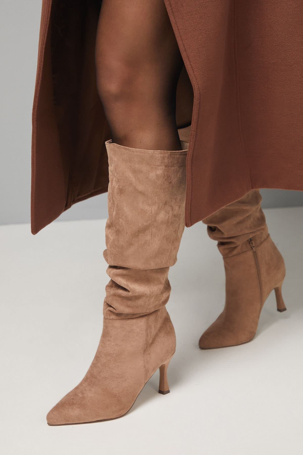 Wallis Wallis Women's Wide Fit Hibiscus Faux Suede Ruche High Stiletto Heel Knee Boots in Beige