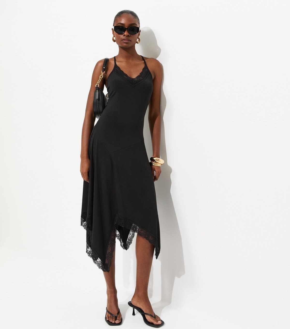 New Look Women's Black Lace Trim Asymmetric Midi Dress New Look