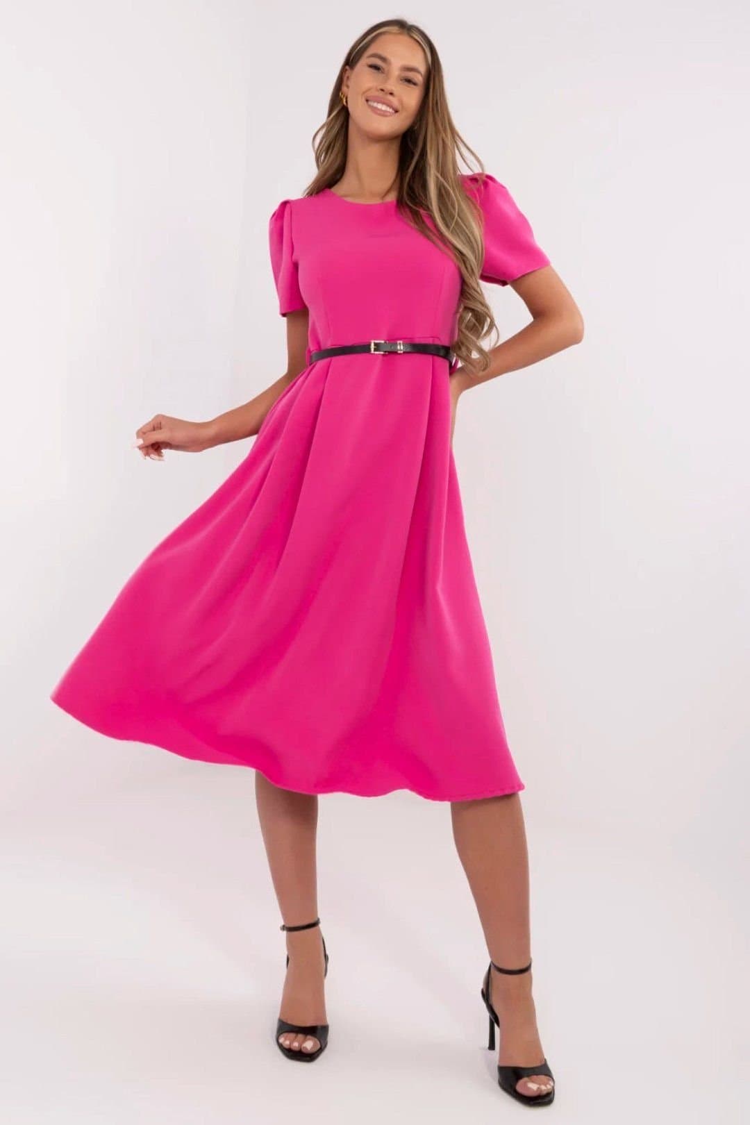 Love Lace Love Lace Women's Classic Midi Flared Dress With Ruched Belt in Pink