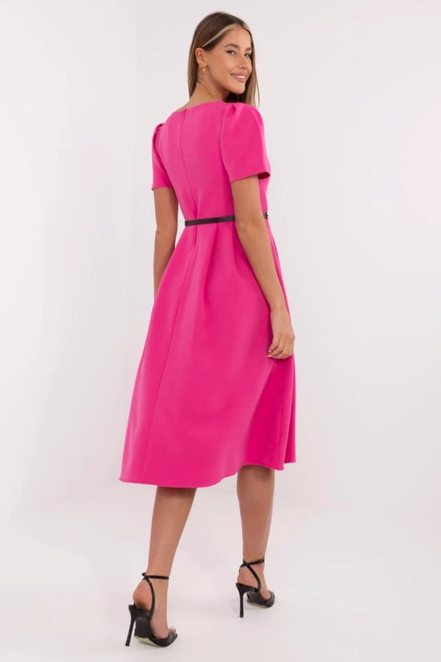 Love Lace Love Lace Women's Classic Midi Flared Dress With Ruched Belt in Pink - 3